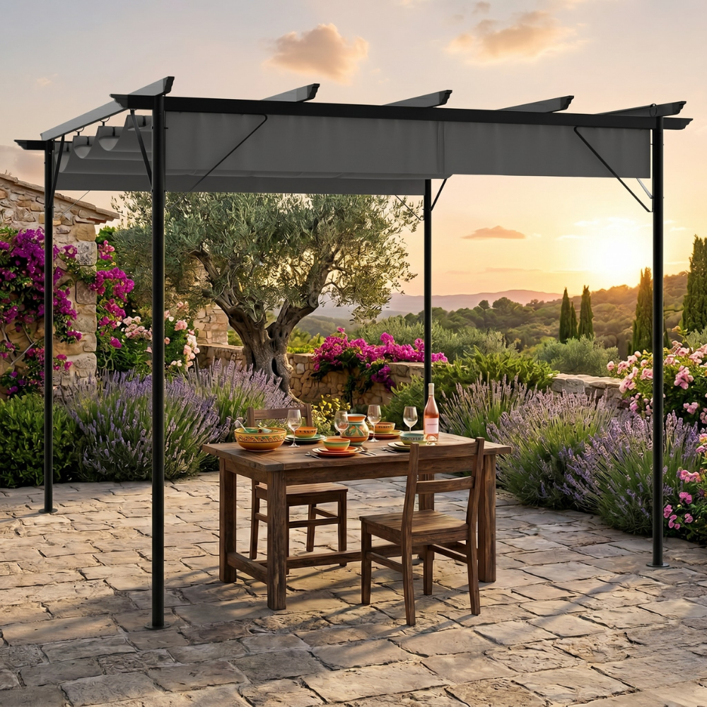 Pergola Acier 3x3 m Toit Rétractable 180 g/m² — Anti-UV & Pluie - photo 1
