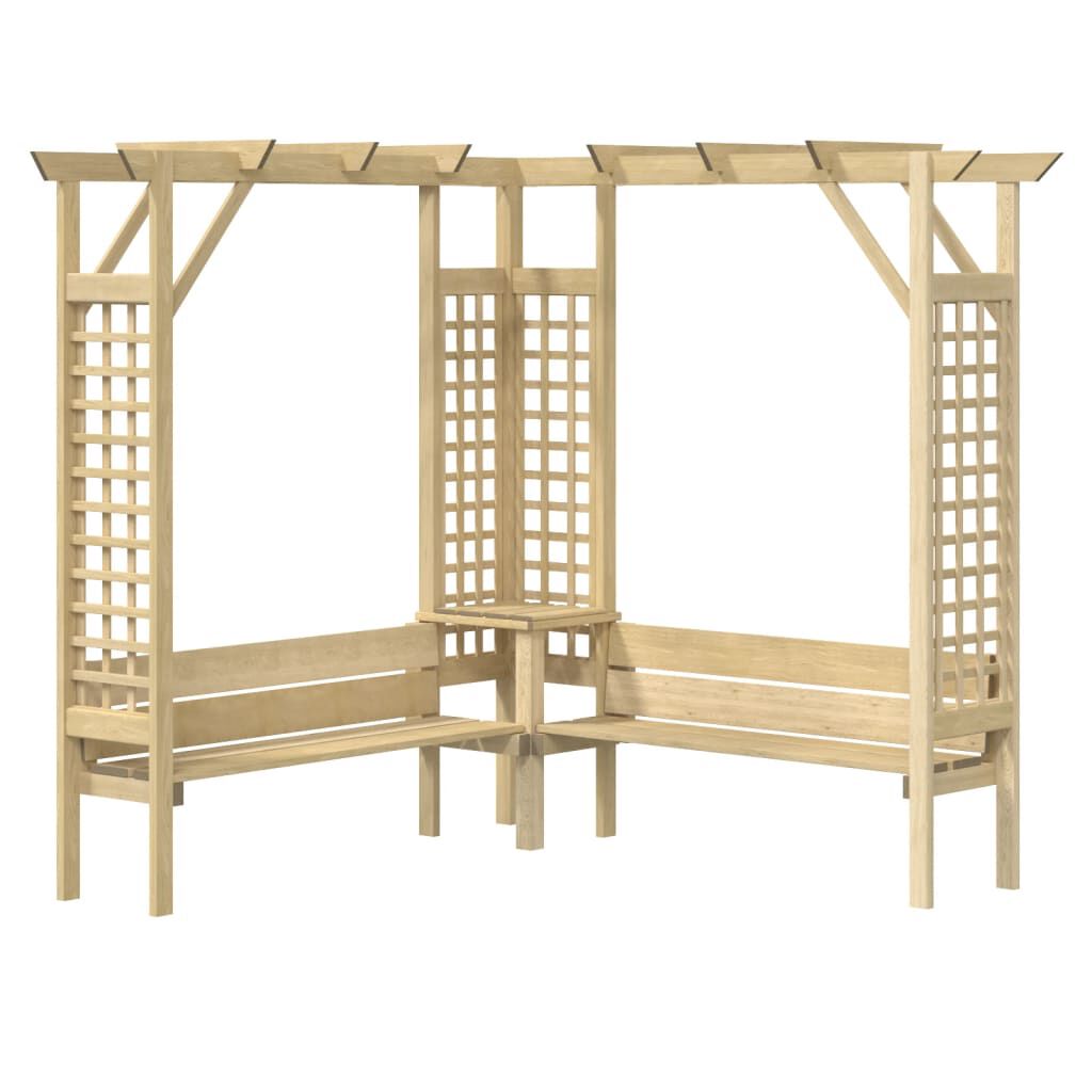 Pergola d'angle bois de pin impregne avec banc
