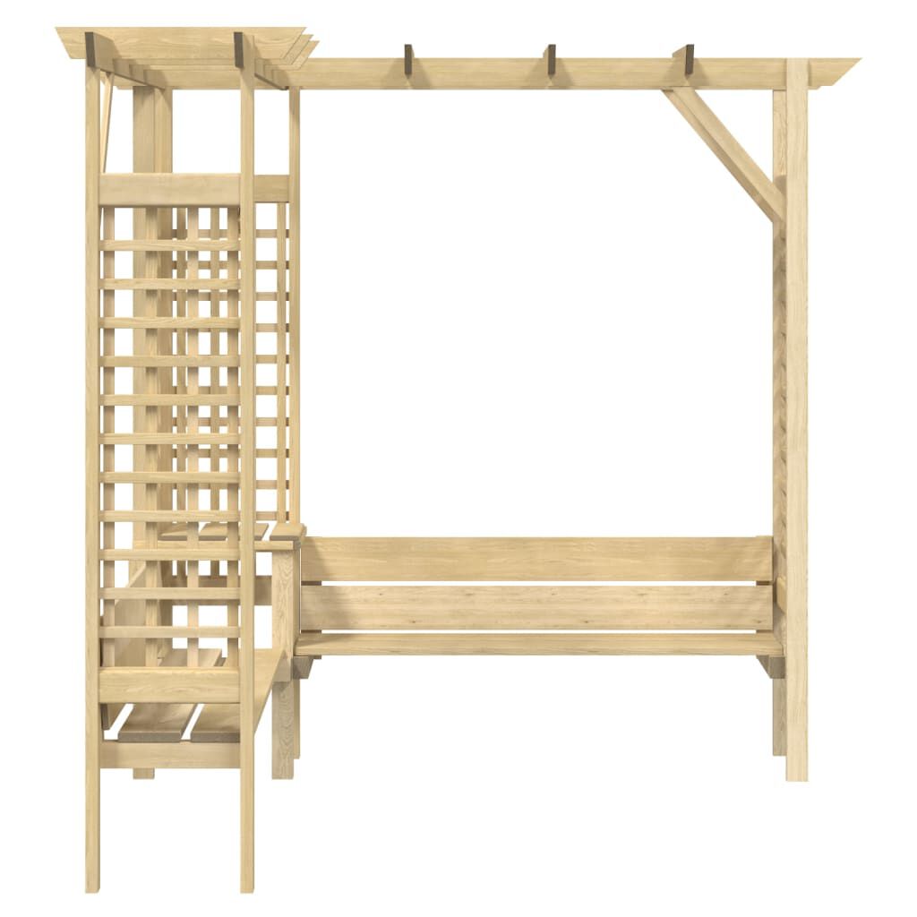 Pergola d'angle bois de pin impregne avec banc